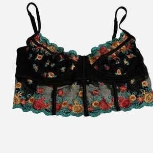 HAUTY Floral Embroidered Bustier Top Women Black Sheer Mesh Excellent Condition